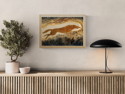 Fantasy art print by Lena Yampolski showing Fenrir the Wolf stealing the moon, surrounded by swirling mythological shapes and a dark forest — atmospheric giclée print for lovers of folklore and fantasy art.