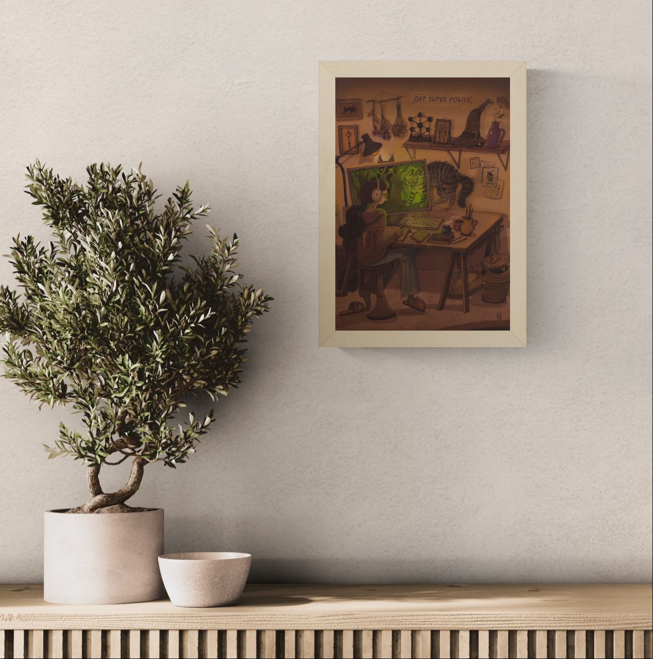 Whimsical Cyber Cats art print by Lena Yampolski featuring a creative workspace, magical cats, computer screen, warm earthy tones, fantasy illustration style, vertical giclée wall art for home office decor.