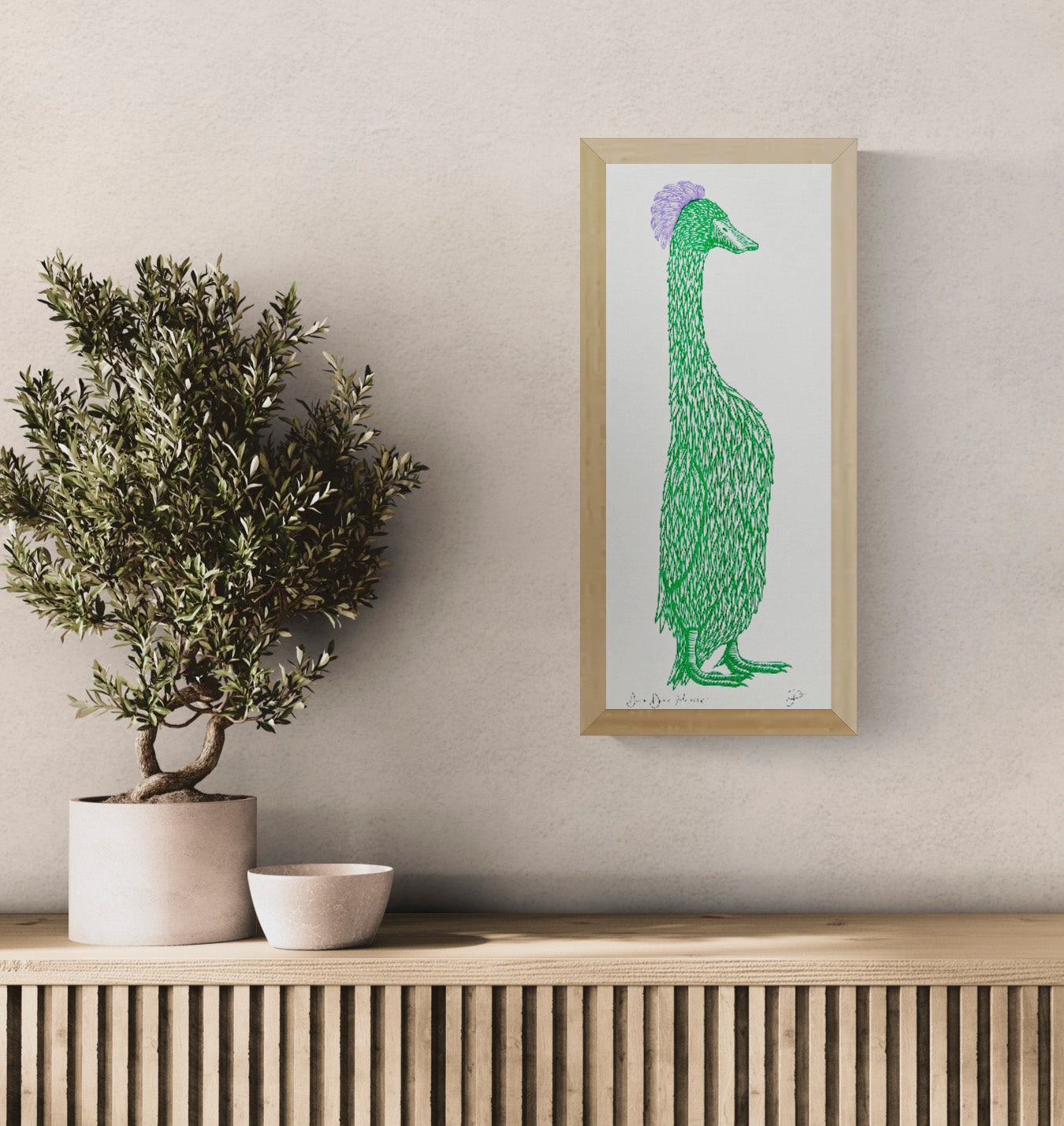 Duck Duck Mousse by Strangford, green duck with purple feathered crest on a tall risograph print.