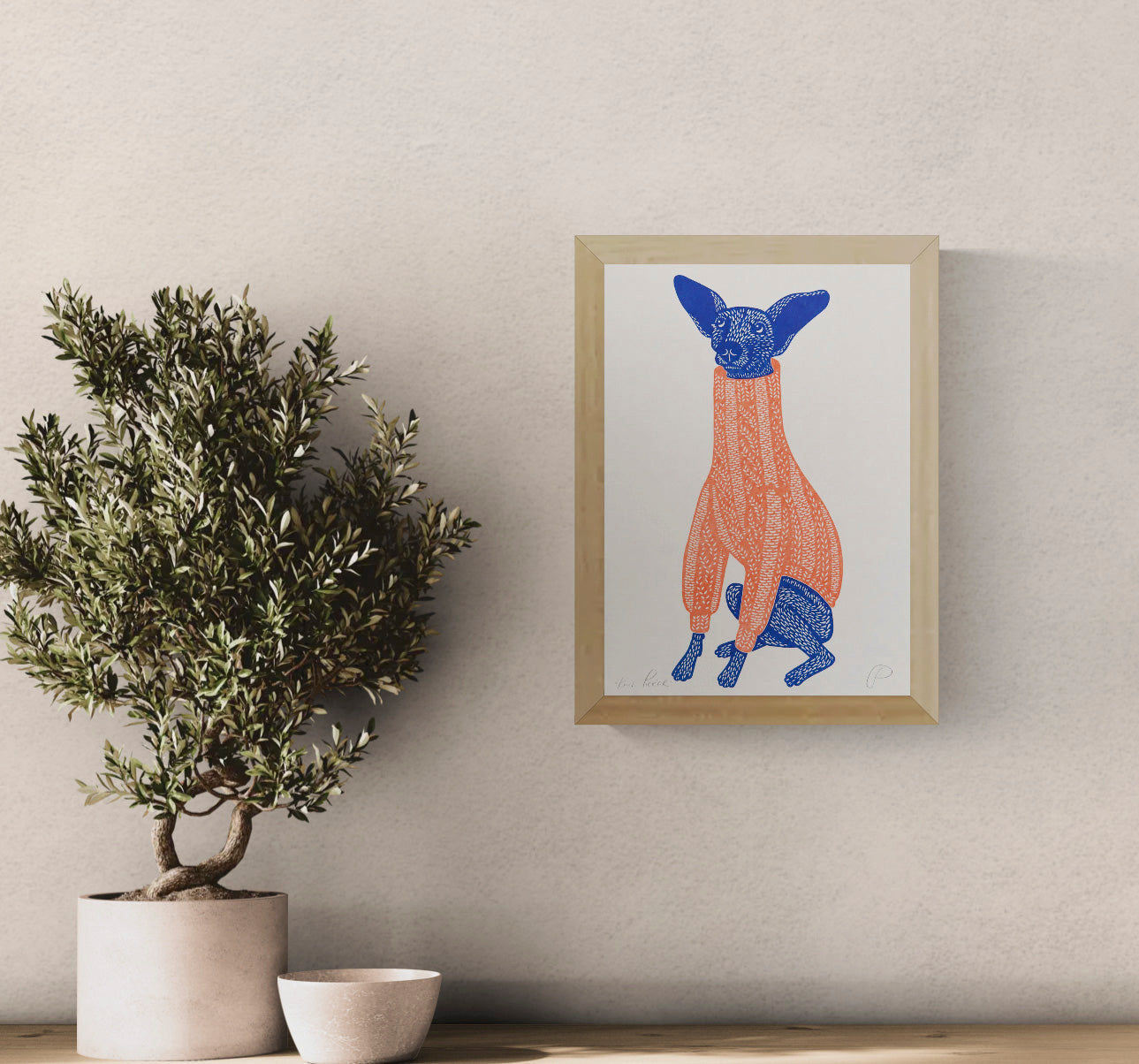 Playful portrait risograph of a small blue dog with oversized ears wearing a coral knitted jumper, printed vertically in bold blue and orange tones, ideal as quirky animal wall art.
