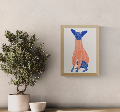 Playful portrait risograph of a small blue dog with oversized ears wearing a coral knitted jumper, printed vertically in bold blue and orange tones, ideal as quirky animal wall art.