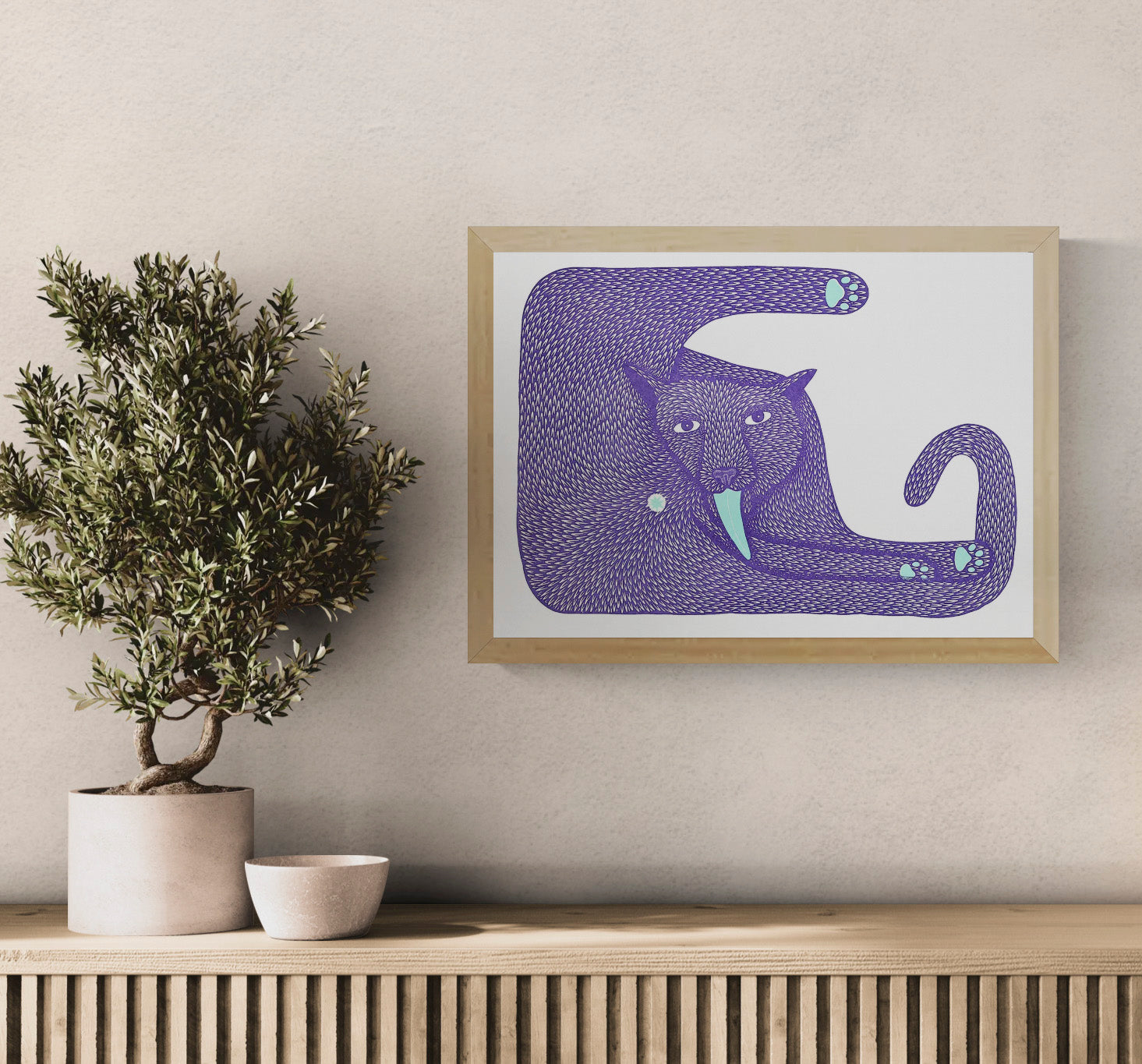 Purple cat risograph art print with elongated body, curled tail, mint tongue and paw details, bold graphic texture and landscape format for playful modern wall decor.