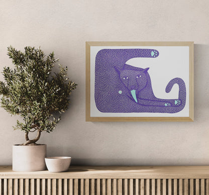 Purple cat risograph art print with elongated body, curled tail, mint tongue and paw details, bold graphic texture and landscape format for playful modern wall decor.