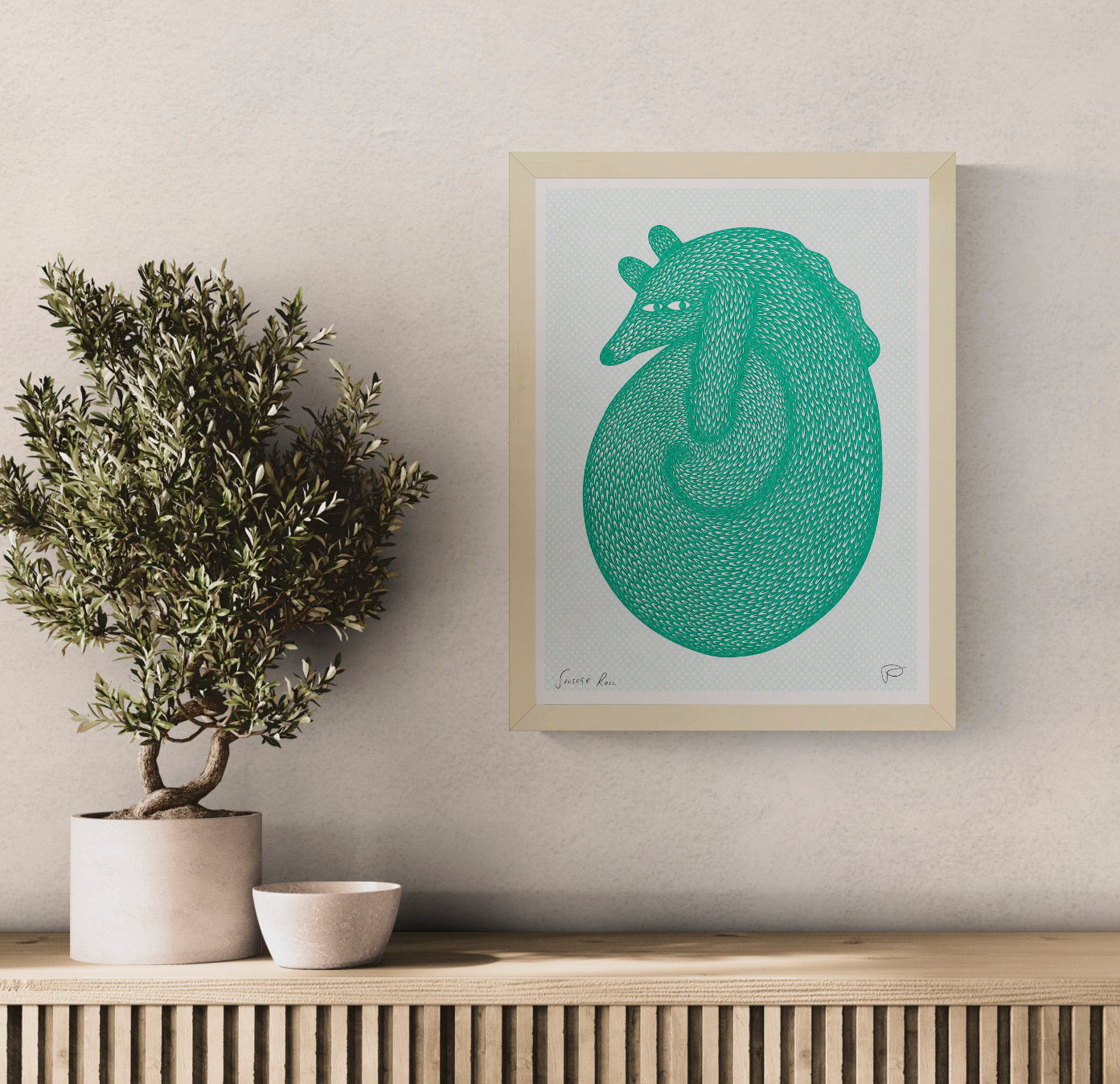 Green risograph illustration of a curled-up fantasy animal with dense hand-cut fur textures and a pale mint dotted background, portrait A3 wall art for playful contemporary interiors.
