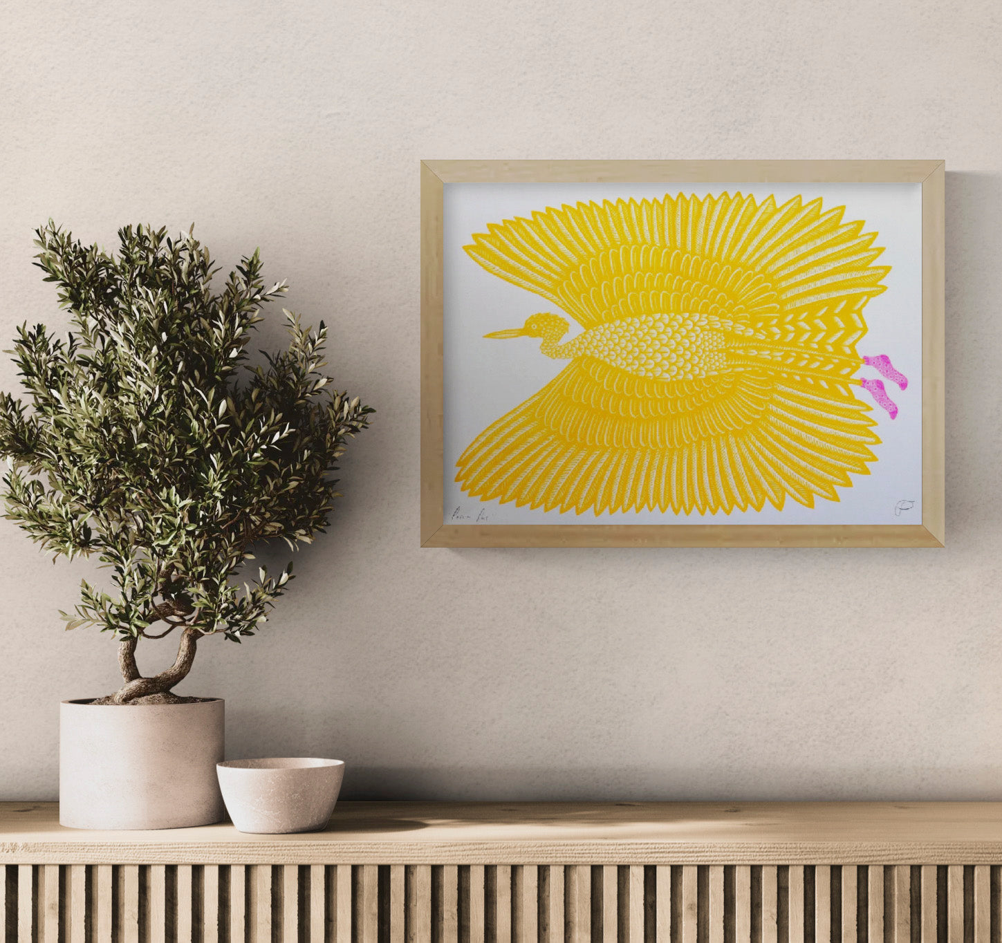 Yellow bird in flight with large patterned wings and bright pink feet, illustrated in a playful graphic style and printed as a horizontal risograph, ideal for colourful contemporary wall decor.