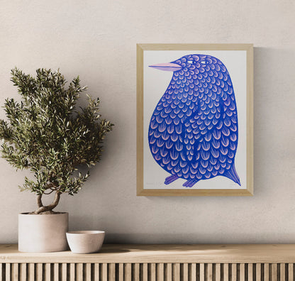 Blue and pink penguin risograph by Strangford, shown in portrait orientation with patterned feathers and a humorous expression, playful wall art for colourful contemporary home decor.