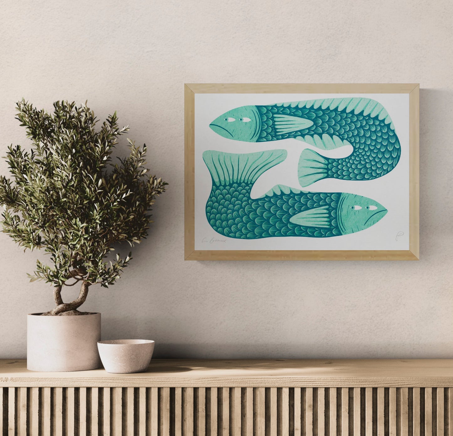 Gill Behaviour by Strangford, horizontal risograph print featuring two stylised teal and dark blue fish with patterned scales, playful expressions and bold graphic shapes for colourful wall decor.