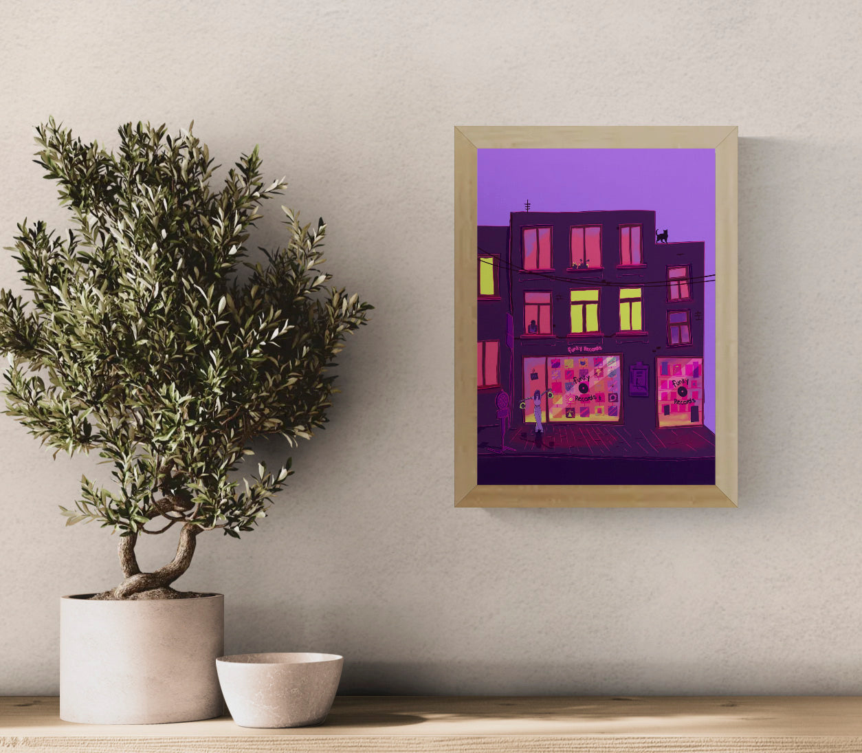 Colourful vertical giclée print of a neon-lit record shop at night, illustrated in purple, pink and yellow tones as bold contemporary wall art for modern interiors.