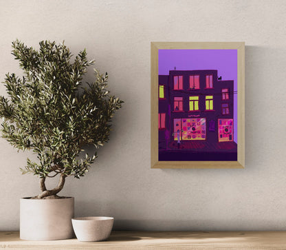 Colourful vertical giclée print of a neon-lit record shop at night, illustrated in purple, pink and yellow tones as bold contemporary wall art for modern interiors.