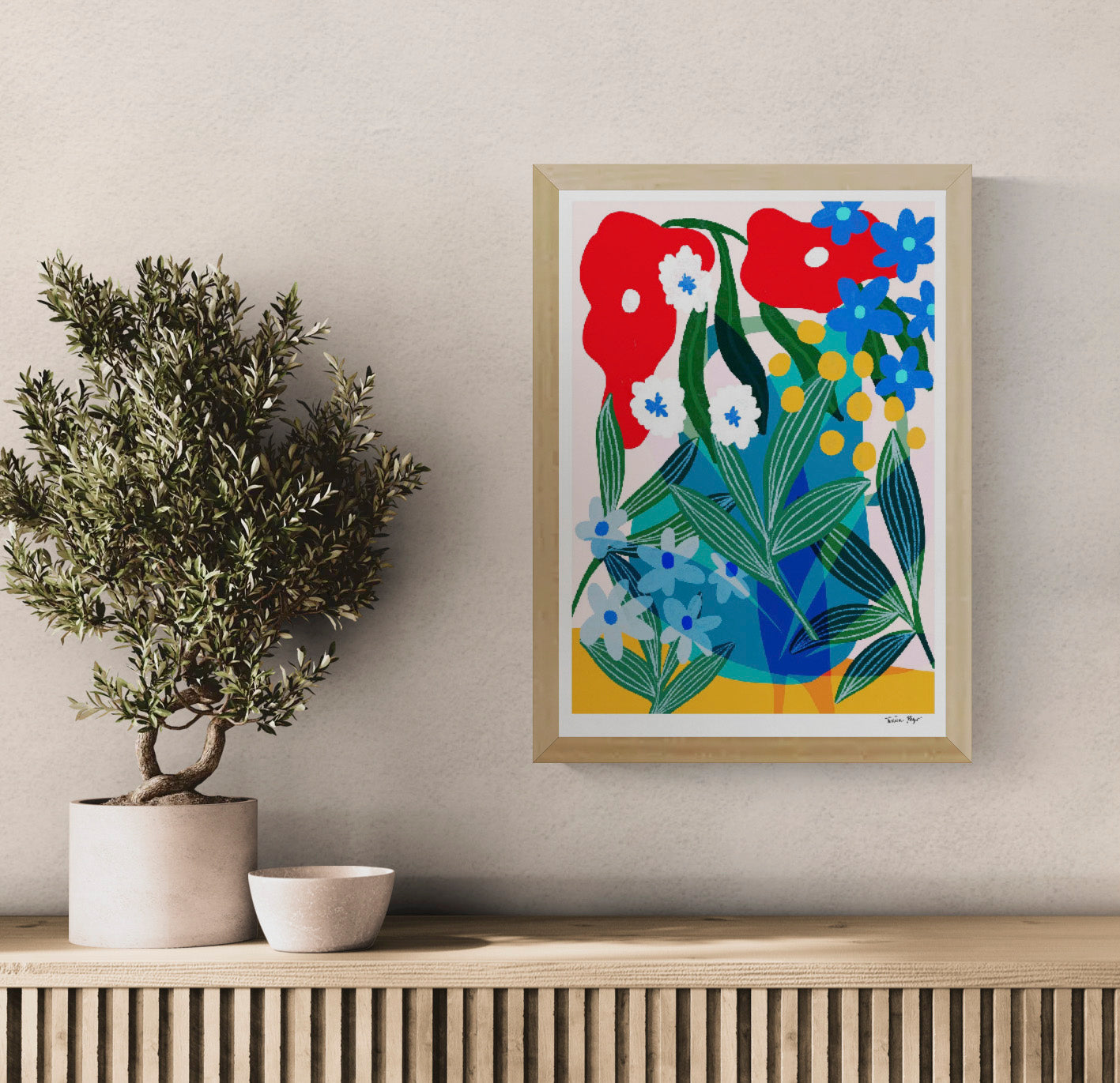 Colourful portrait-format giclée art print by Teresa Rego featuring oversized petunias and lush leaves in red, blue, green and yellow, ideal for bright contemporary wall decor.