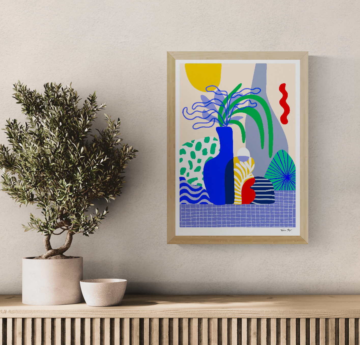Vertical A3 giclée art print by Teresa Rego featuring a cobalt blue vase, patterned vessels and green leaves in a bold contemporary style, ideal for colourful living room wall decor.