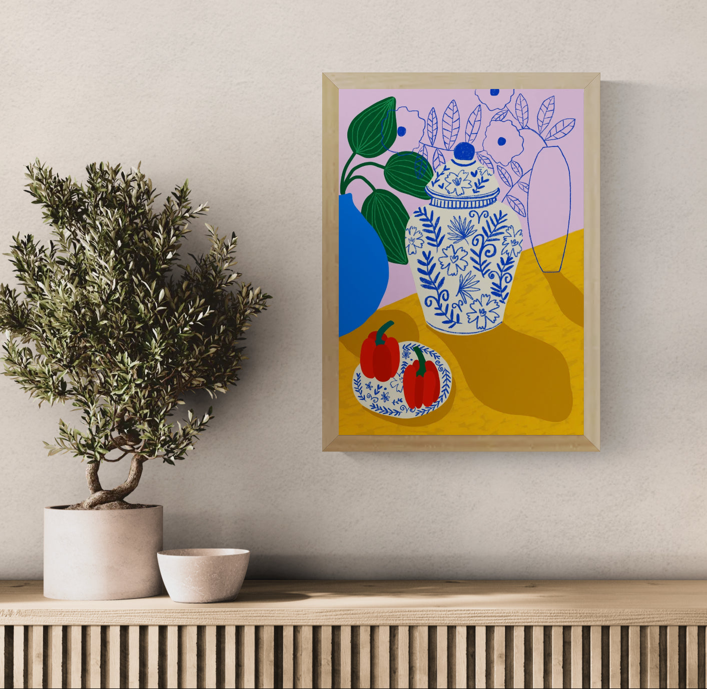 Colourful vertical still life by Teresa Rego featuring blue-and-white porcelain, red peppers and green leaves against pink and mustard tones, printed as an A3 giclée for kitchen or dining room wall art.