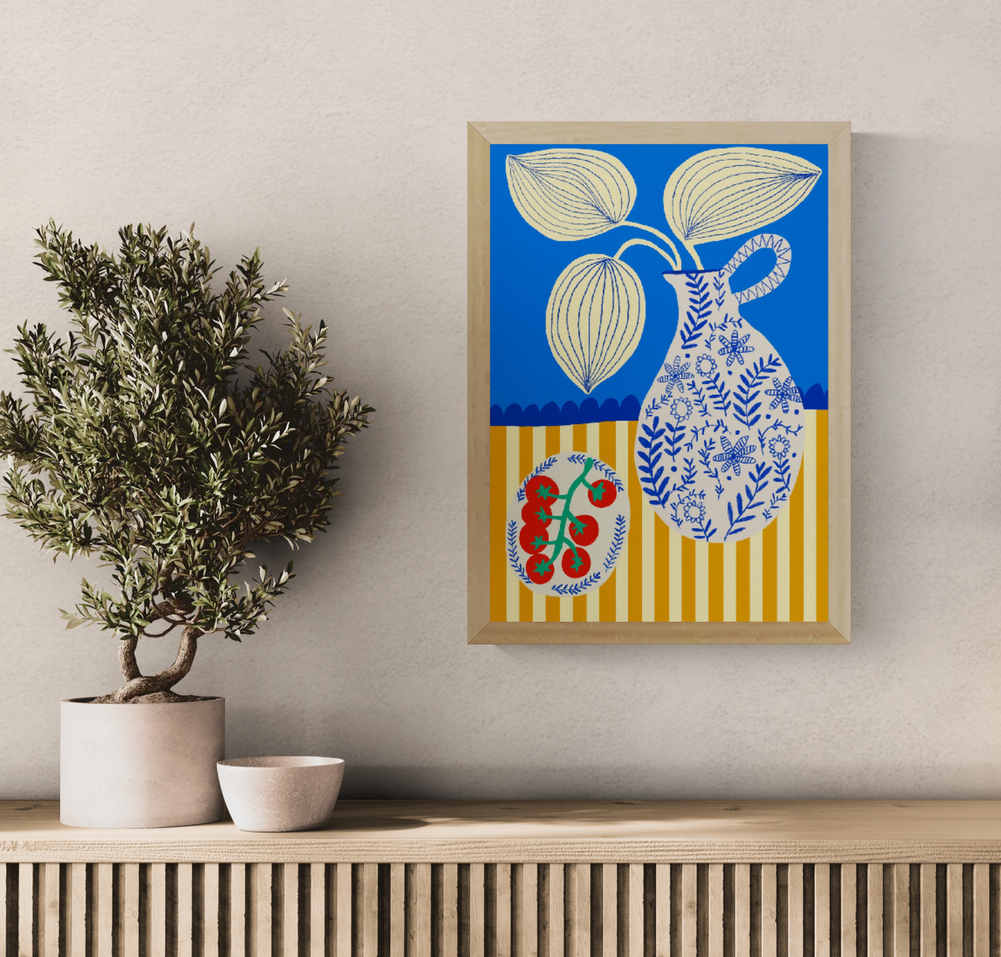 Porcelain and Tomatoes by Teresa Rego, vertical giclée art print featuring red vine tomatoes and a floral porcelain jug in bold blue, cream and orange, ideal for colourful kitchen wall decor.