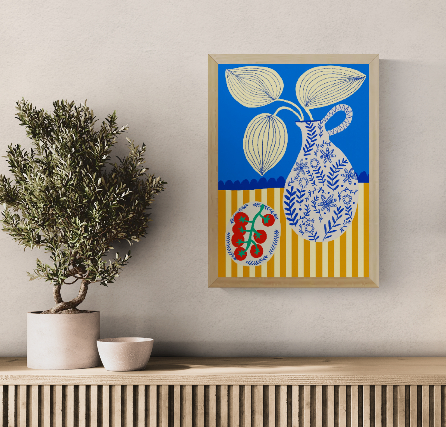 Porcelain and Tomatoes by Teresa Rego, vertical giclée art print featuring red vine tomatoes and a floral porcelain jug in bold blue, cream and orange, ideal for colourful kitchen wall decor.
