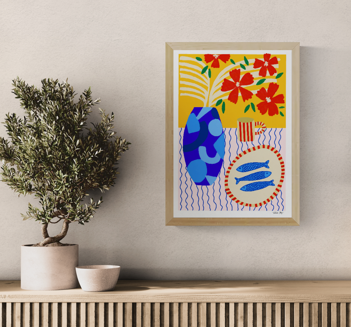 Vertical giclée art print by Teresa Rego featuring three blue sardines on a striped plate, a blue vase, red flowers and bold orange tones, ideal for colourful kitchen or dining room wall art.