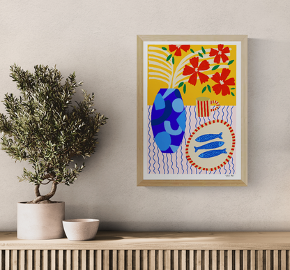 Vertical giclée art print by Teresa Rego featuring three blue sardines on a striped plate, a blue vase, red flowers and bold orange tones, ideal for colourful kitchen or dining room wall art.