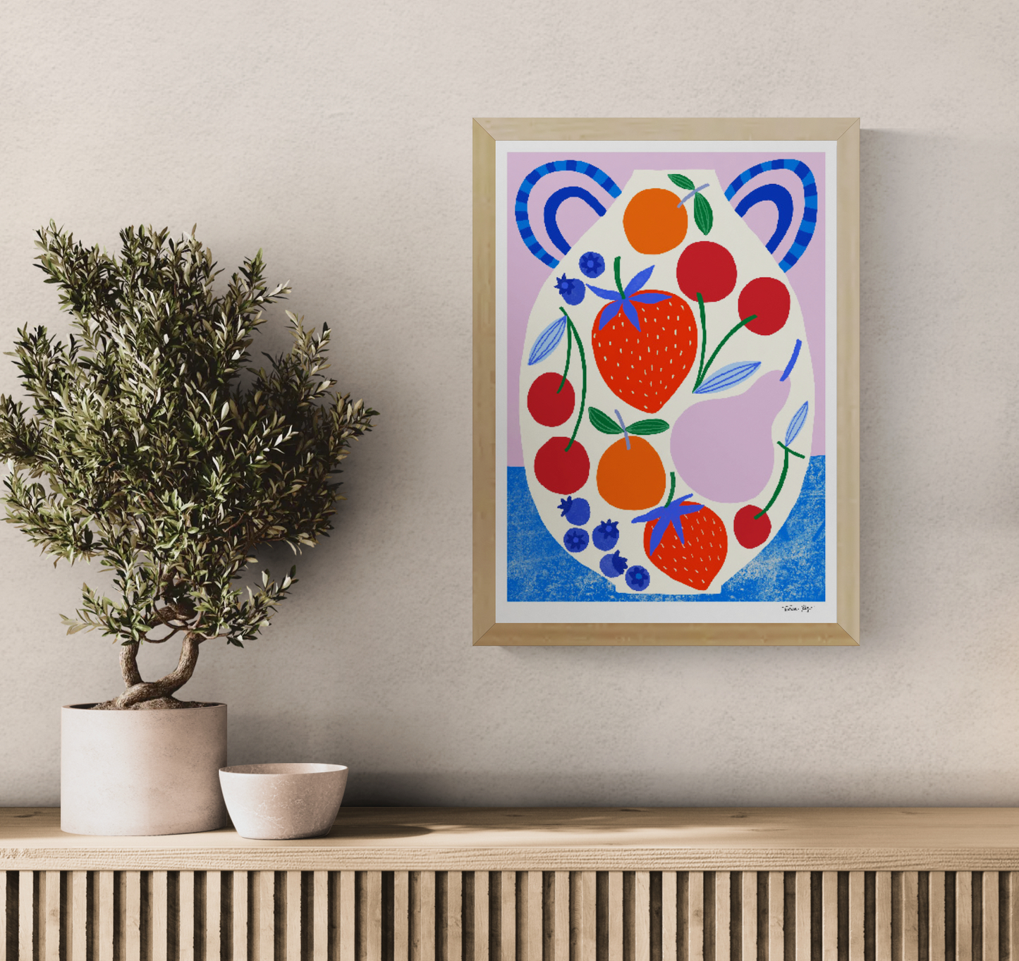 Colourful vertical giclée print by Teresa Rego featuring strawberries, cherries, blueberries and oranges arranged on a playful ceramic pot, ideal for bright kitchen or dining room wall decor.