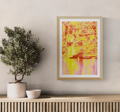 Vibrant risograph art print inspired by the cliffs and waterways of Ninh Binh, Vietnam, featuring bold neon yellows and pinks, textured rock formations, and reflective water. Contemporary limited-edition A3 artwork by PTRVRKD printed on Munken Pure Rough paper, perfect for modern interior decor.