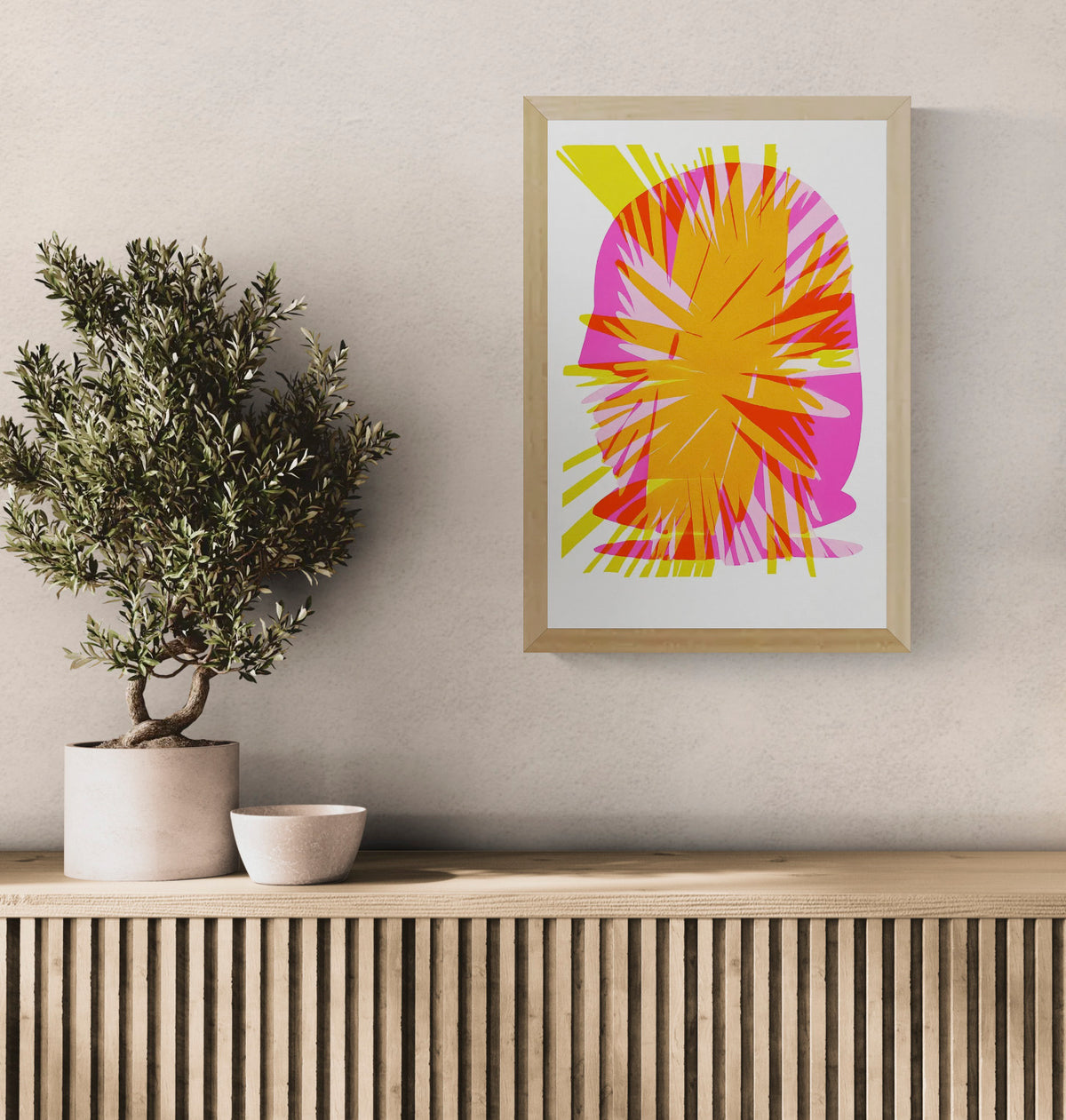Abstract A3 risograph art print by PTRVRKD featuring vibrant layers of orange, pink, and yellow with bold, graphic explosion design – limited edition, handprinted in the Netherlands