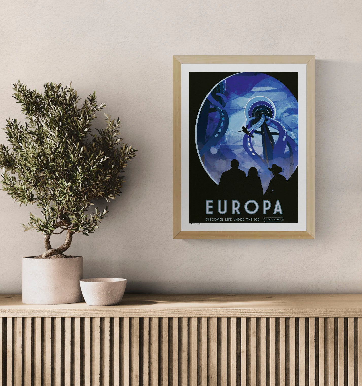 NASA Europa digital print showing an imagined underwater expedition beneath Jupiter’s icy moon, in deep blue and black tones with a retro space-poster style. Vertical wall art for modern interiors.