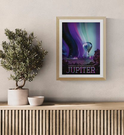 NASA Jupiter digital print showing hot-air balloons floating beneath vivid purple, turquoise and blue auroras, vertical retro-futurist space wall art for colourful home decor.