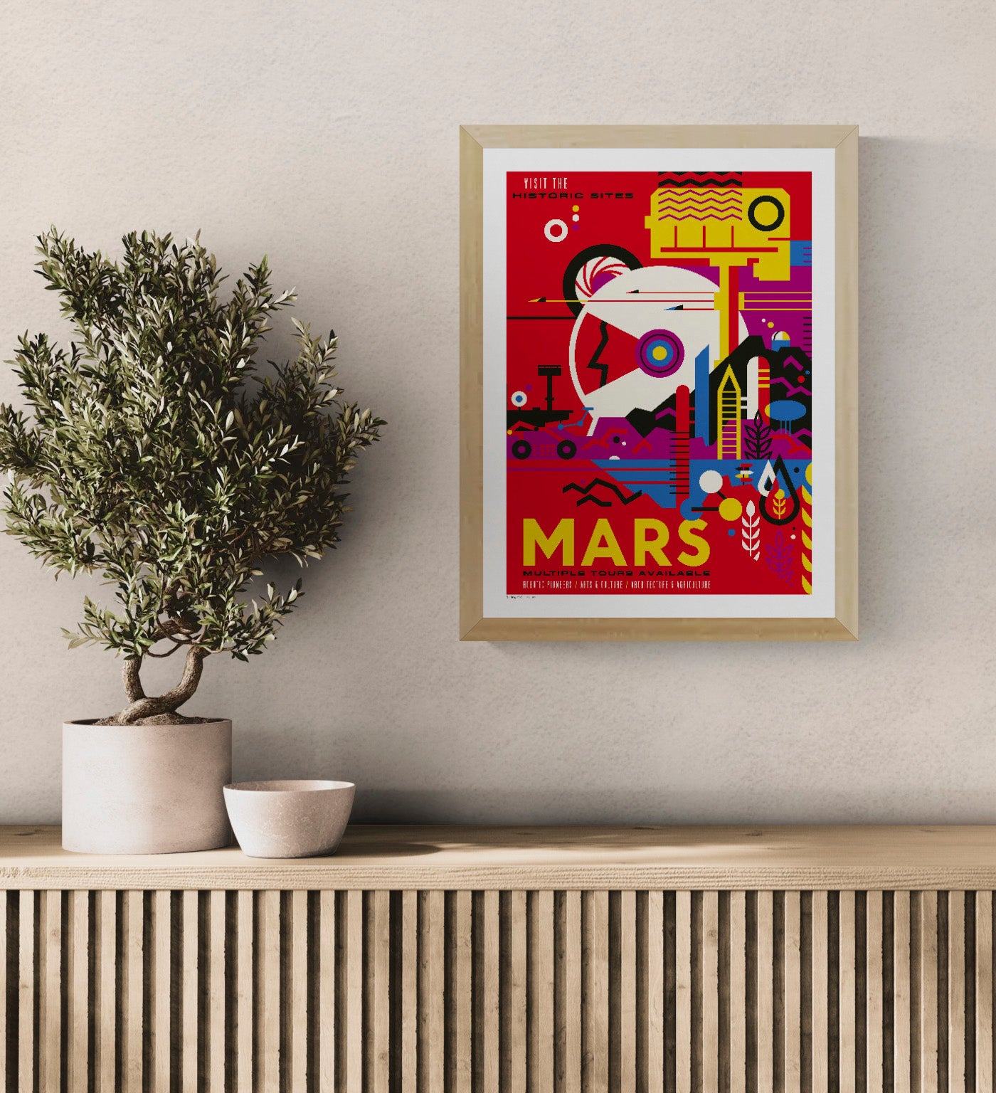 NASA Mars vertical art print featuring bold red, yellow, blue and black geometric graphics in a retro-futurist travel poster style, ideal as colourful wall art for modern home decor.
