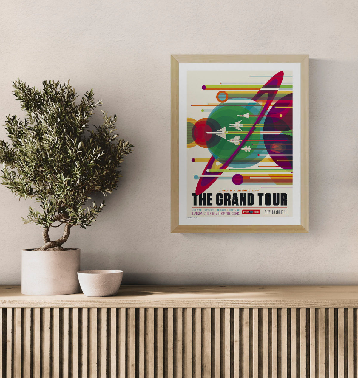 The Grand Tour NASA digital print featuring colourful retro-futurist planets, spacecraft and Saturn rings in a vertical poster design, ideal as bold space-themed wall art.