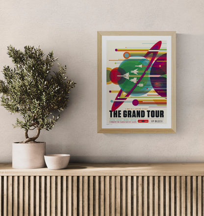 The Grand Tour NASA digital print featuring colourful retro-futurist planets, spacecraft and Saturn rings in a vertical poster design, ideal as bold space-themed wall art.