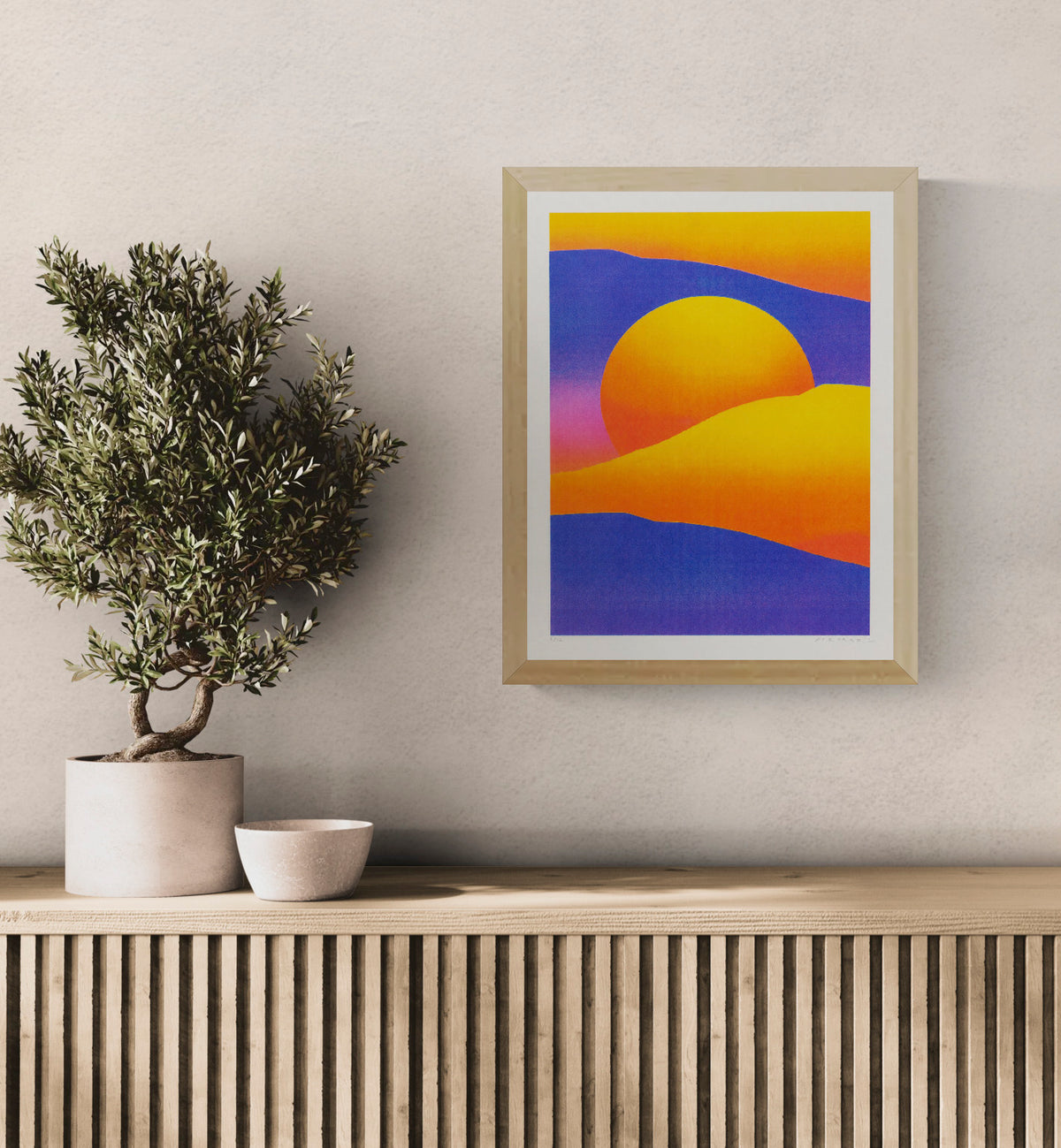 Purple and yellow dune landscape by PTRVRKD with a large orange sun, deep violet hills and warm yellow dunes, A3 vertical risograph print for colourful contemporary wall decor.