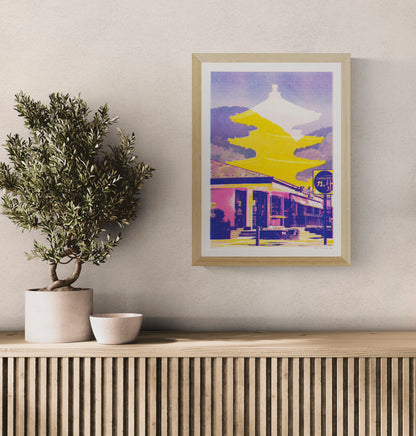 Portrait Risograph art print by PTRVRKD showing a layered Kyoto street scene and Japanese temple silhouettes in bright yellow, pink and violet, designed as colorful wall decor for modern interiors.