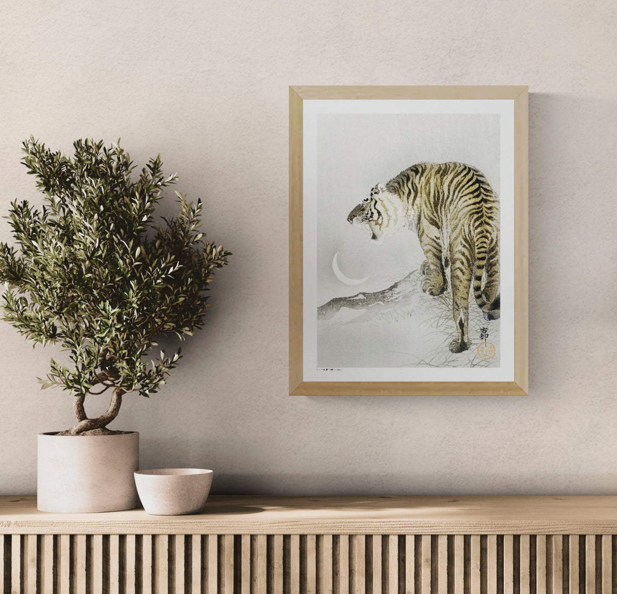 Roaring tiger by Ohara Koson beneath a white crescent moon, Japanese-style vertical digital print in muted beige, black and grey tones for wildlife wall art and home decor.