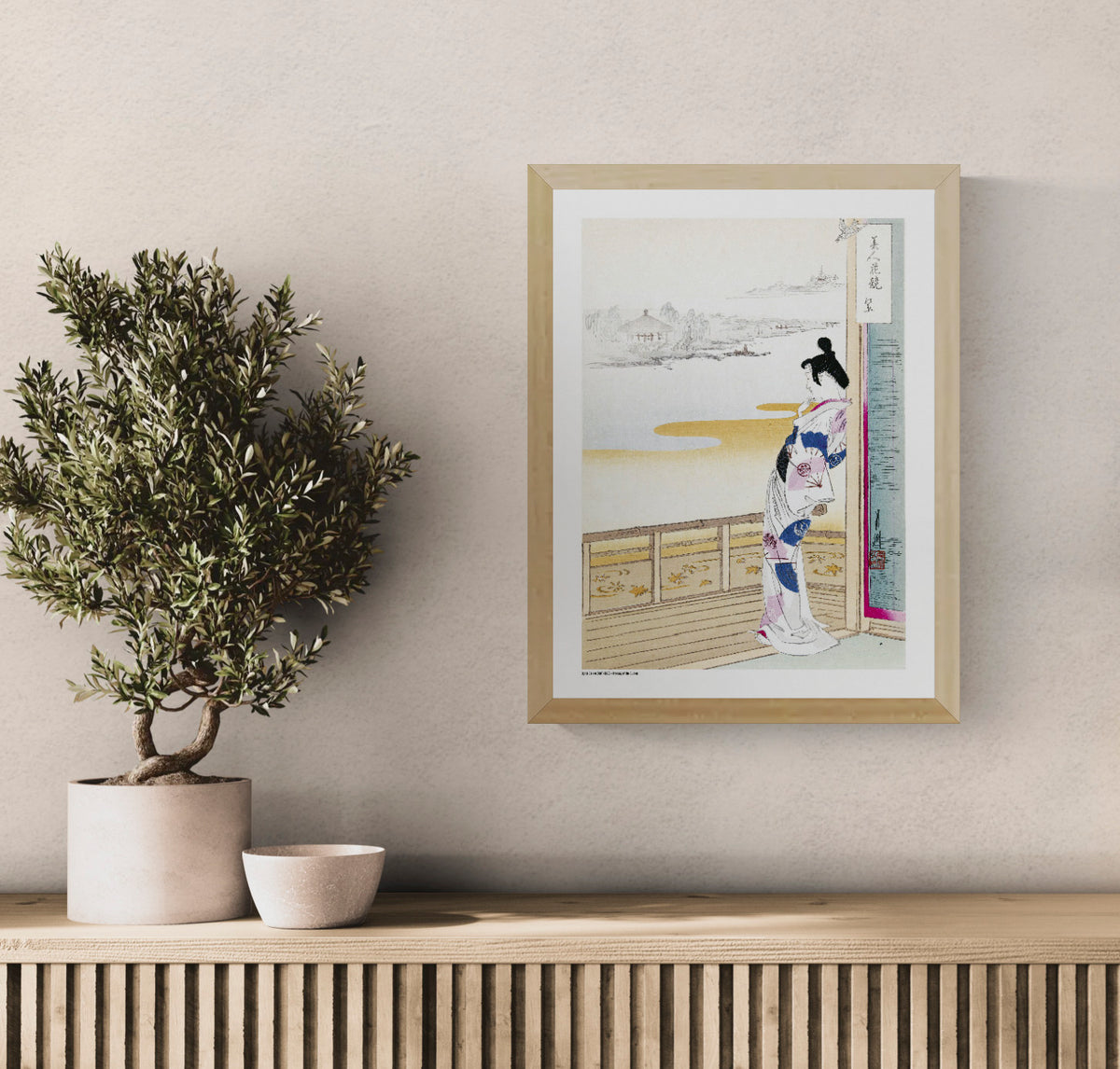 Ogata Gekko Japanese digital print showing a woman in kimono standing on a veranda overlooking a soft riverside landscape, with pale blue, pink and ochre tones in vertical format for elegant wall decor.