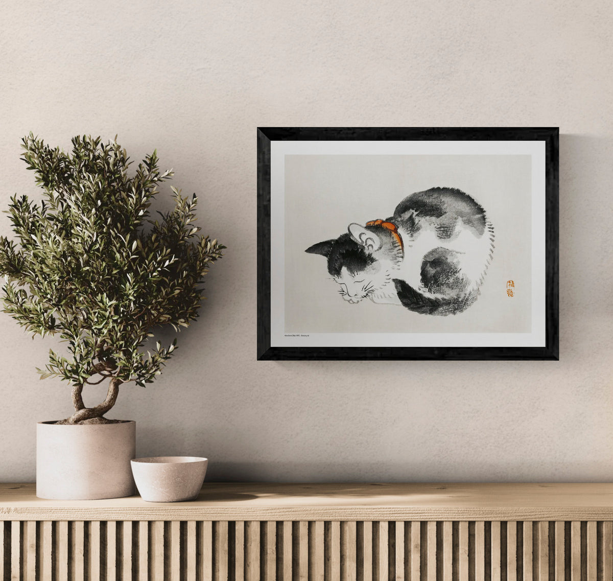Sleeping black and white cat with an orange collar by Kōno Bairei, Japanese ink-style digital print in horizontal format, ideal as calm wall art for bedrooms, living rooms or reading spaces.