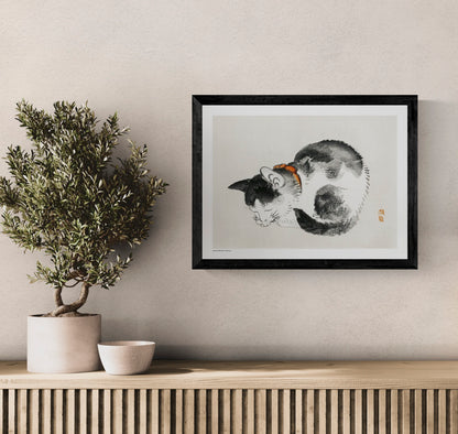 Sleeping black and white cat with an orange collar by Kōno Bairei, Japanese ink-style digital print in horizontal format, ideal as calm wall art for bedrooms, living rooms or reading spaces.