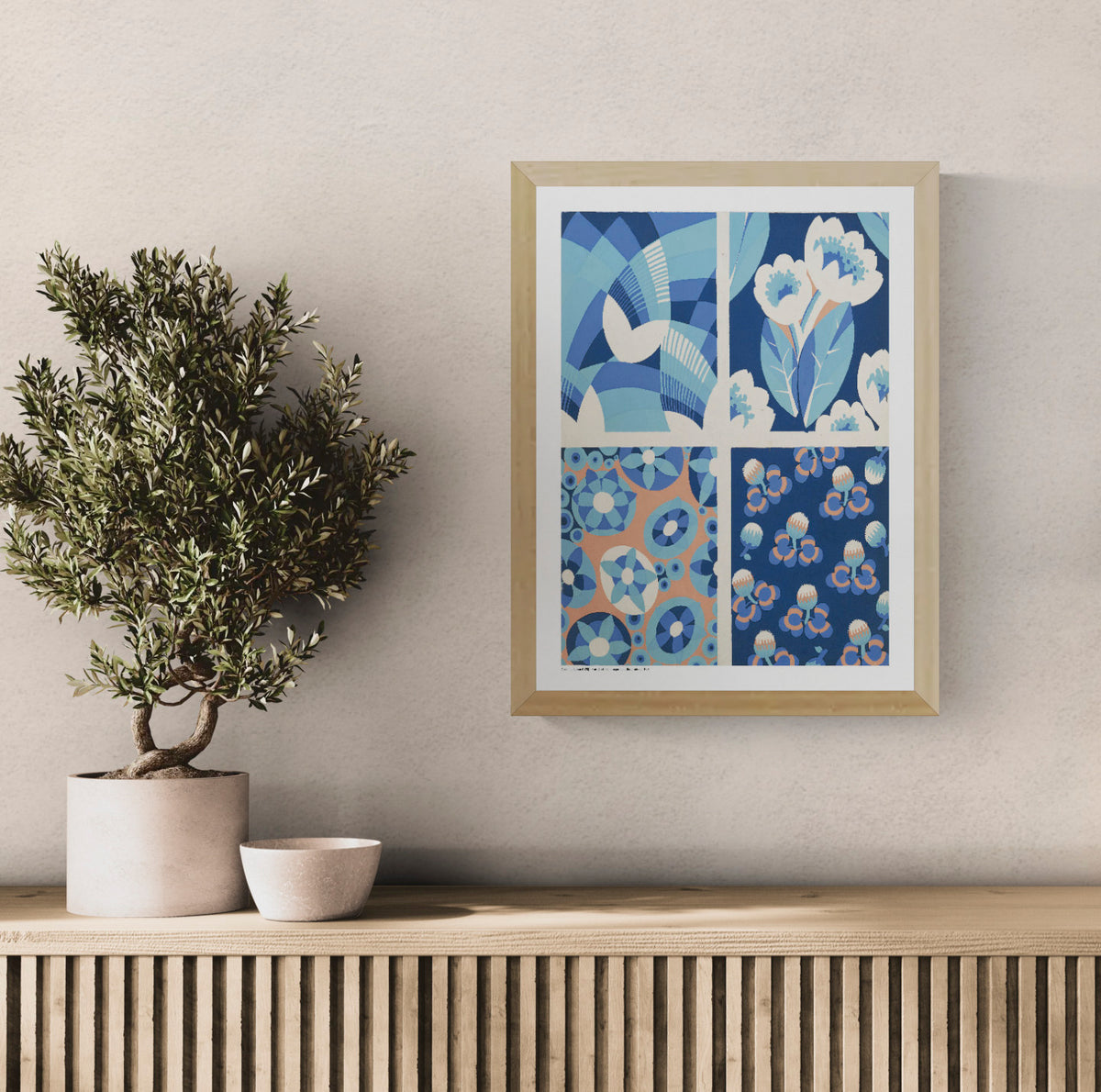 Four Plant Form Compositions by André Durenceau, portrait botanical design with geometric flowers and patterns in blue, turquoise, coral and cream, reproduced as a digital print for colorful wall decor.
