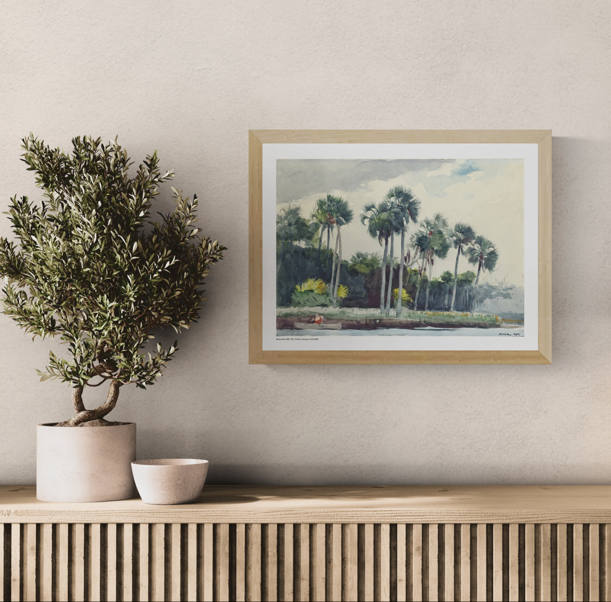 Winslow Homer watercolor-style Florida landscape with tall palm trees, soft green and blue tones and a small red-shirted figure, horizontal digital art print for calm coastal wall decor.
