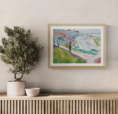 Landscape of Kragerø by Edvard Munch, horizontal expressionist landscape in blue, green, pink and turquoise tones, reproduced as a digital print for colorful wall art and home decor.