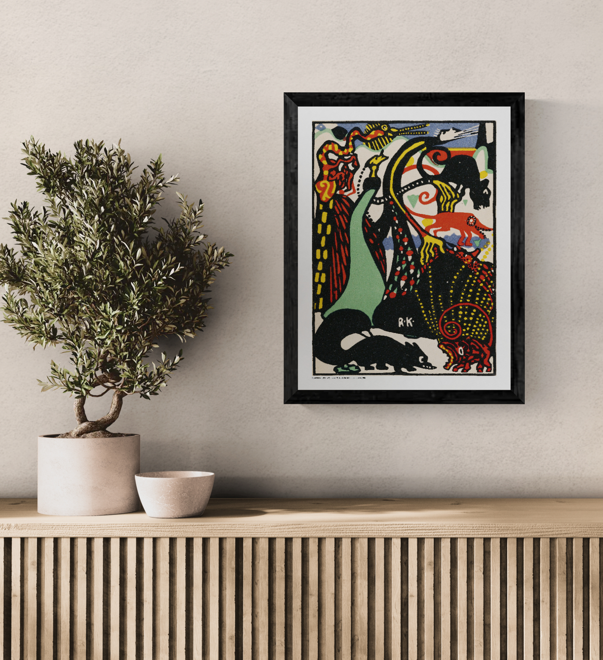 Humoristic Motive by Rudolf Kalvach, vertical Wiener Werkstätte digital print with stylised animals, bold black forms, red, yellow, mint and blue, ideal as colourful statement wall art.