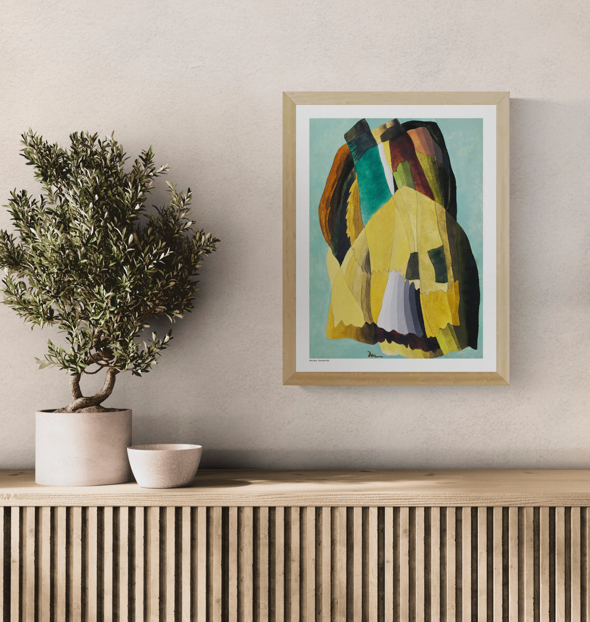 Arthur Dove’s Shore Road, a vertical abstract digital art print with turquoise, mustard yellow, green, brown and burgundy organic forms, ideal as colourful modern wall decor.