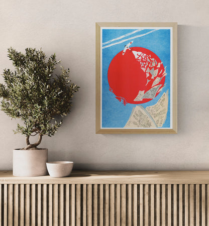 The Wind Rises by Téo Transinne, vertical risograph illustration with a red sun, small plane, flying papers and textured blue sky, colourful wall art for modern interiors.