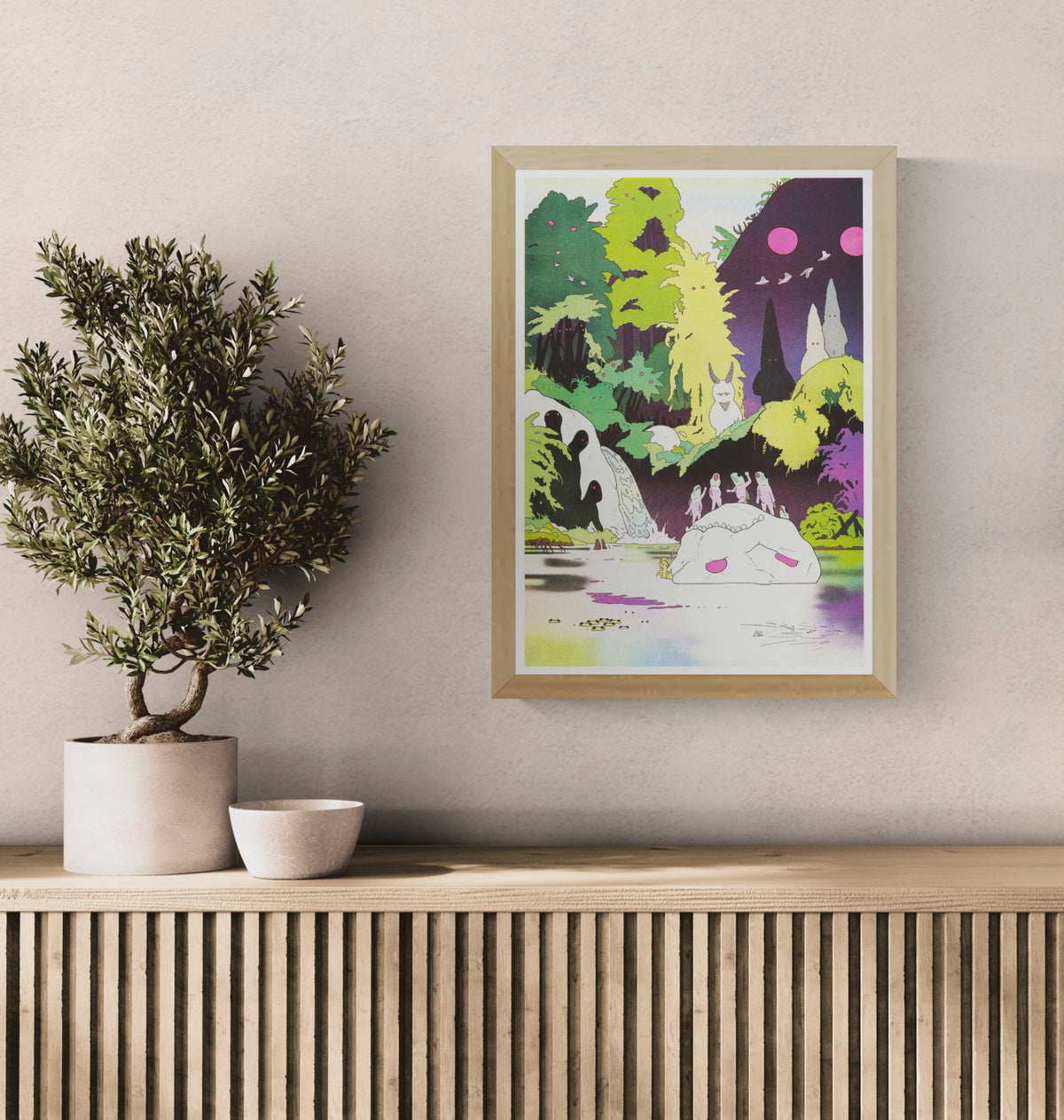 Surreal A3 risograph by Jérémie Moreau showing strange nature spirits, creatures and birds in a vivid green, yellow, purple and pink forest landscape, ideal as playful vertical wall art.