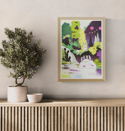 Surreal A3 risograph by Jérémie Moreau showing strange nature spirits, creatures and birds in a vivid green, yellow, purple and pink forest landscape, ideal as playful vertical wall art.