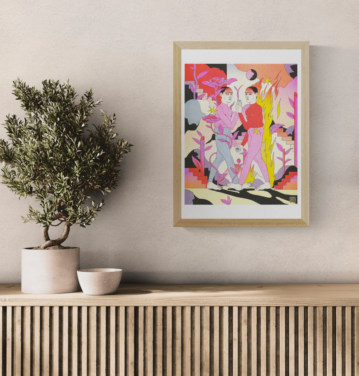 Wish You Were Here by Raman Djafari, vertical A3 risograph showing two figures surrounded by pink plants, yellow flames and surreal red, purple and black shapes, colourful contemporary wall art.
