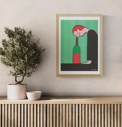 Bottle by Jean Jullien, A3 portrait risograph showing a red-haired figure resting his head on a green bottle, with green, red and black tones, ideal as playful contemporary wall art.