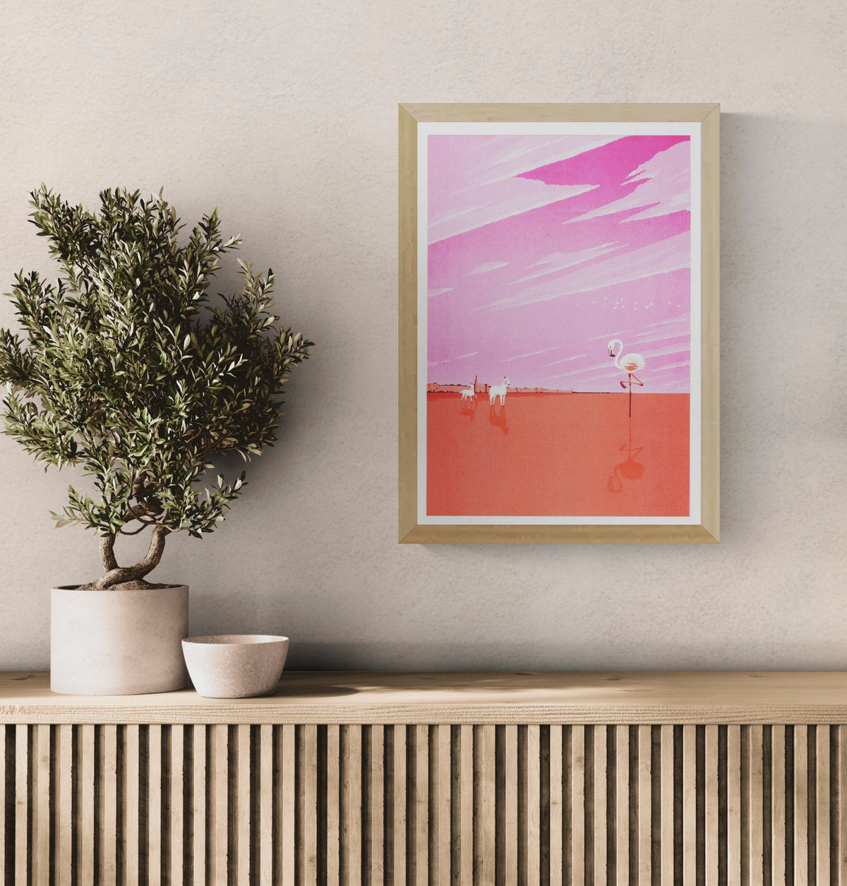 Pink and coral vertical risograph print of Aigues-Mortes in the Camargue by Ito Kenske, featuring a flamingo, white horses and reflective water, ideal as colourful contemporary wall art.