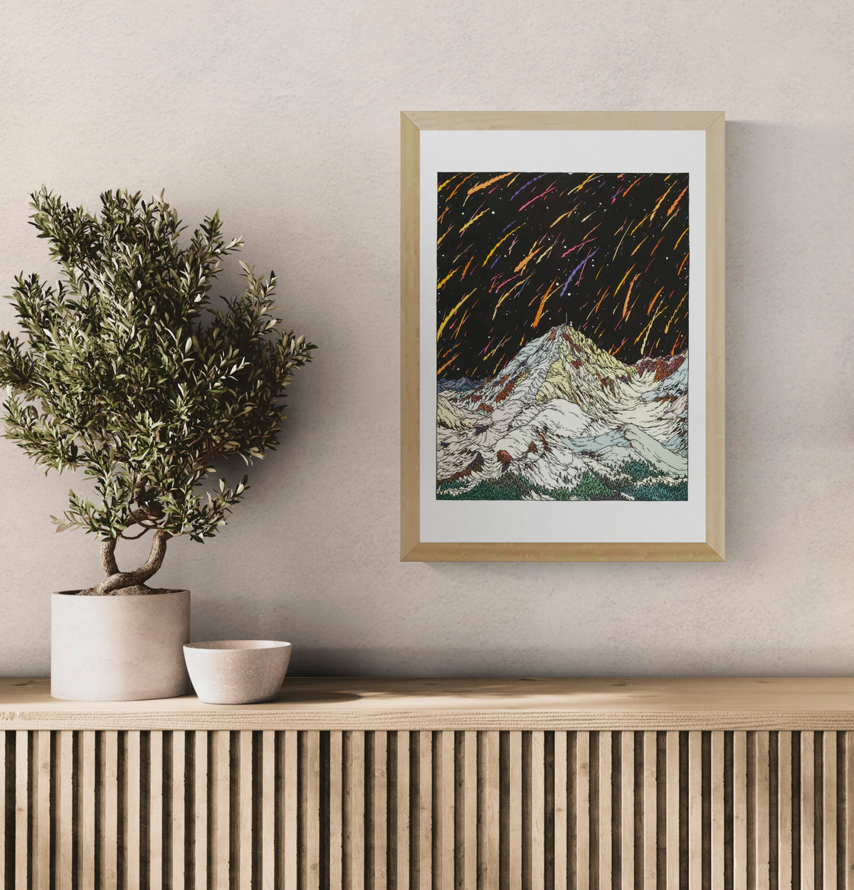 Pic Du Midi by Clément Vuillier, vertical risograph art print showing snowy mountain peaks beneath a black sky with orange, pink, purple and yellow streaks, ideal as bold contemporary wall art.