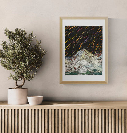 Pic Du Midi by Clément Vuillier, vertical risograph art print showing snowy mountain peaks beneath a black sky with orange, pink, purple and yellow streaks, ideal as bold contemporary wall art.