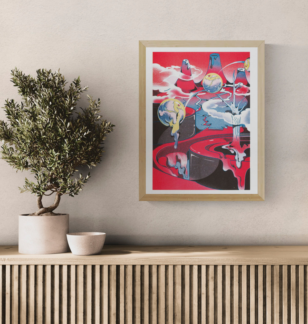 Melting Land Night risograph print by Beya Panicha featuring surreal melting planets and dreamlike landscape with vibrant red and cosmic colors