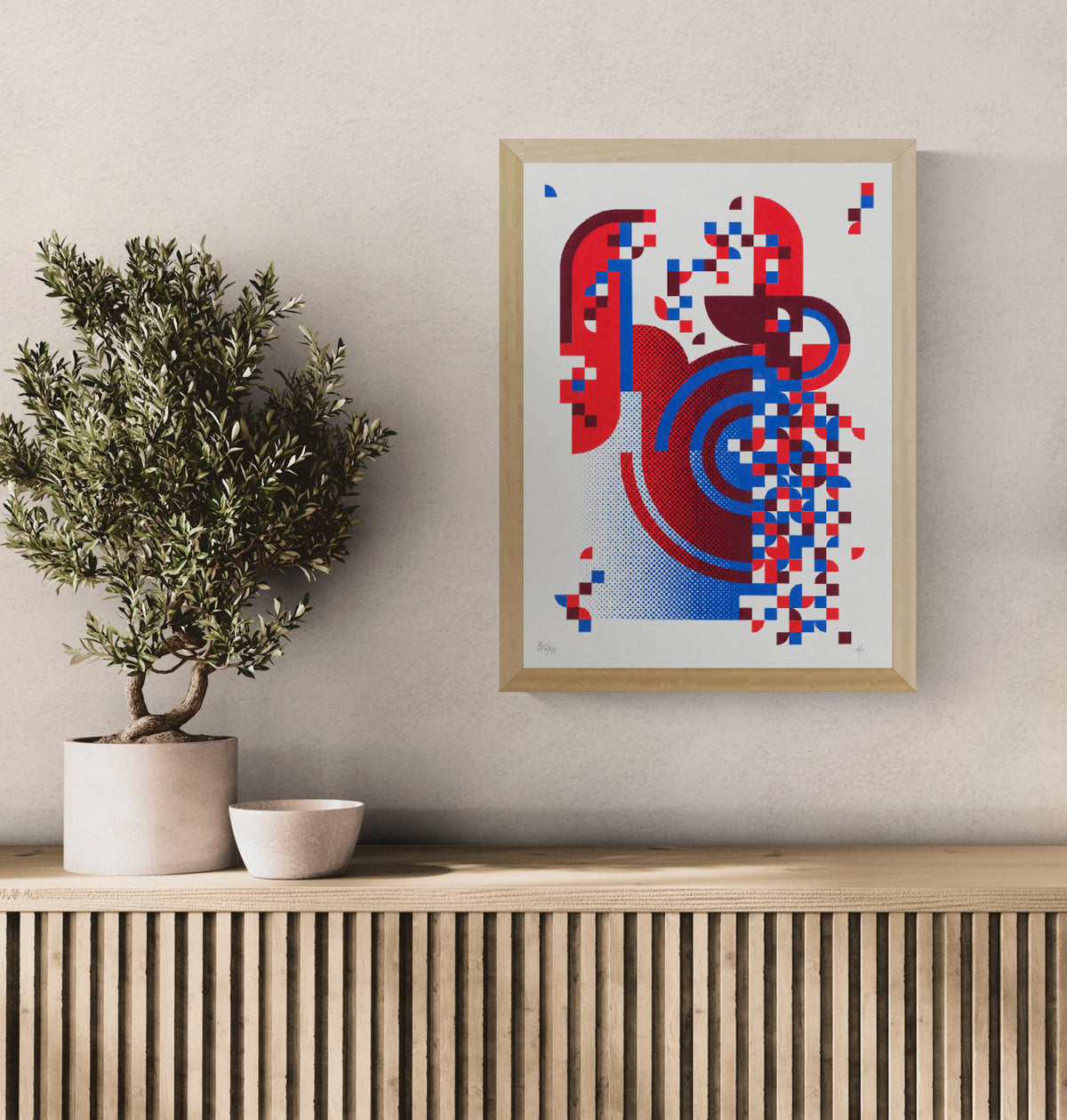 Pixel Drift 4 by PLUMO, vertical A3 hand-pulled screenprint featuring abstract geometric shapes, halftone patterns and pixel-like forms in red, blue, burgundy and white, ideal for modern wall decor.
