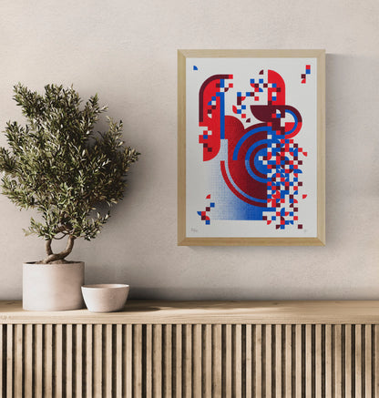 Pixel Drift 4 by PLUMO, vertical A3 hand-pulled screenprint featuring abstract geometric shapes, halftone patterns and pixel-like forms in red, blue, burgundy and white, ideal for modern wall decor.